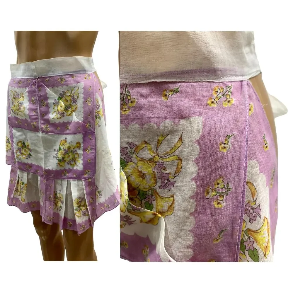 Vintage 50s Lilac Floral Hankie Apron Handmade Sheer Hostess Tea Apron